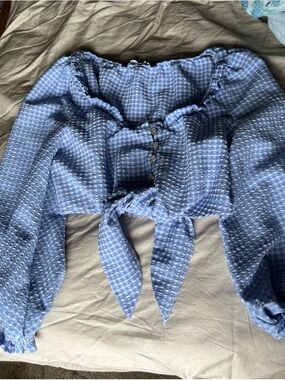Zara Light Blue Gingham Off-Shoulder Tie Blouse